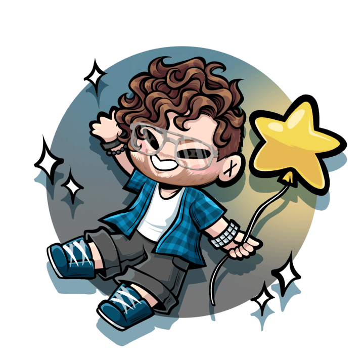 A little mascot version of me, with brown hair, a plaid shirt and a balloon